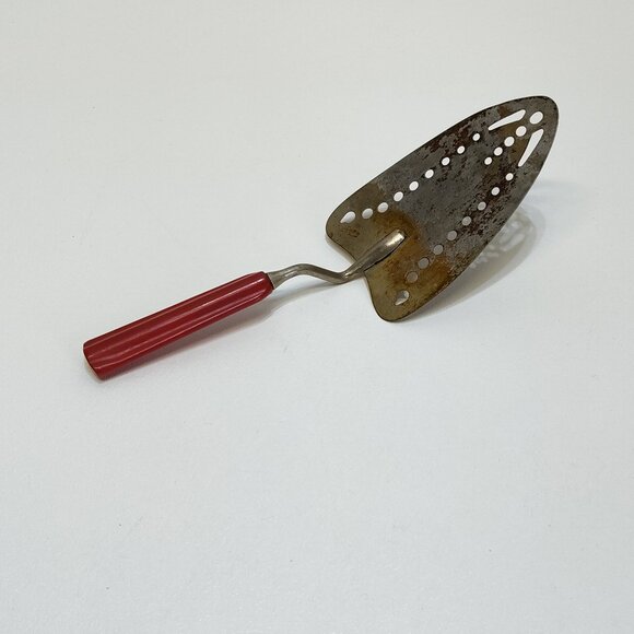 Bakelite Spatula Marbled Handle Kitchen Utensil Perforated Metal Server Vintage - Picture 1 of 5